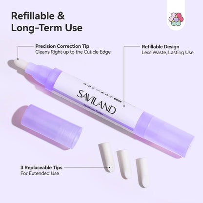 SAVILAND Nail Polish Corrector Pen - Bio-Sourced, Refillable & Acetone-Free Nail Polish Remover Corrector Pen with 3 Tapered Refill Tips