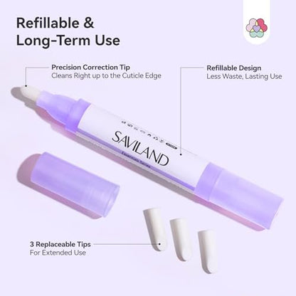 SAVILAND Nail Polish Corrector Pen - Bio-Sourced, Refillable & Acetone-Free Nail Polish Remover Corrector Pen with 3 Tapered Refill Tips