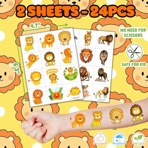 36PCS Lion Party Favors: Safari Jungle Animal Themed Temporary Tattoos & Stamps for Kids Birthday Card Decorations, Goodie Bag Gifts, Classroom Rewards Avelisse
