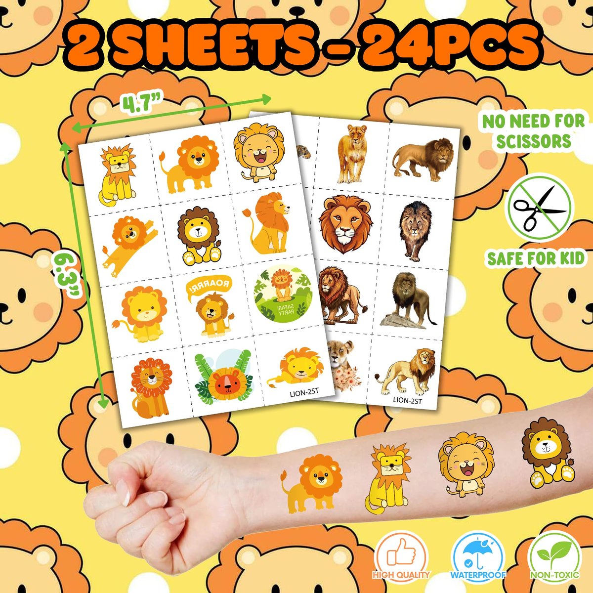 36PCS Lion Party Favors: Safari Jungle Animal Themed Temporary Tattoos & Stamps for Kids Birthday Card Decorations, Goodie Bag Gifts, Classroom Rewards Avelisse