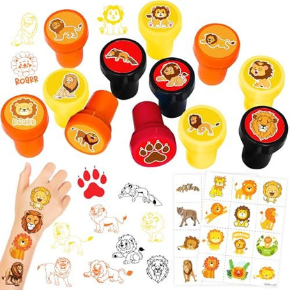 36PCS Lion Party Favors: Safari Jungle Animal Themed Temporary Tattoos & Stamps for Kids Birthday Card Decorations, Goodie Bag Gifts, Classroom Rewards Avelisse