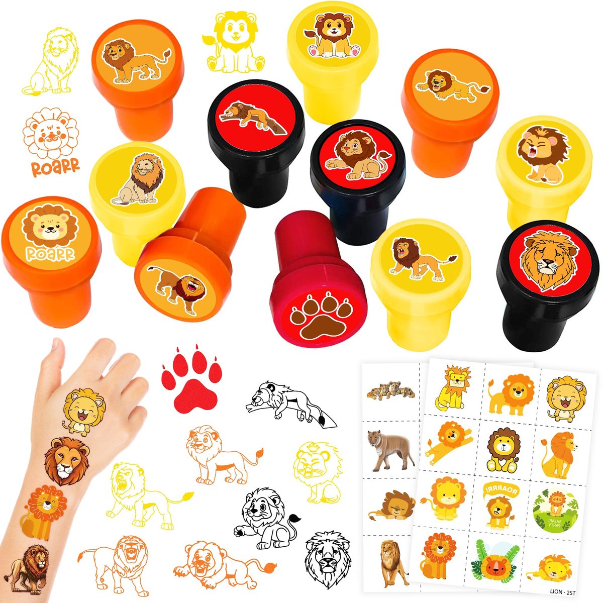 36PCS Lion Party Favors: Safari Jungle Animal Themed Temporary Tattoos & Stamps for Kids Birthday Card Decorations, Goodie Bag Gifts, Classroom Rewards Avelisse