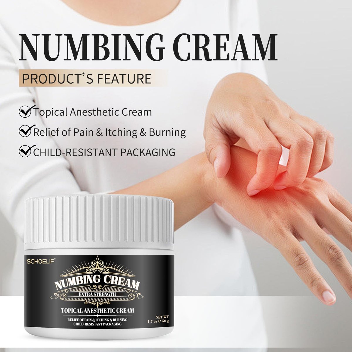 SCHOELIF Numbing Cream Extra Strength - Topical Anesthetic Cream with Child-Resistant Packaging, 50g (1.7oz) Avelisse