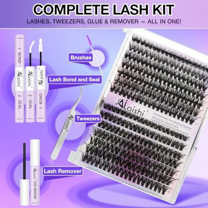 DIY Lash Clusters Kit 9-16mm 60D 80D 100D 224Pcs Fluffy D Curl Natural Cat Eye Lashes with Bond, Seal, Remover, Tweezers & Brush Avelisse