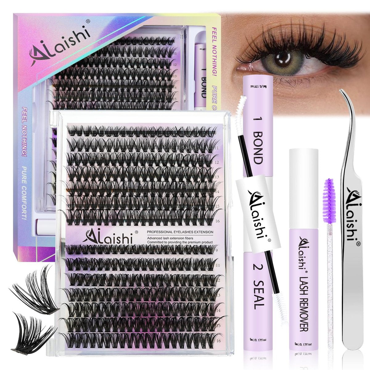 DIY Lash Clusters Kit 9-16mm 60D 80D 100D 224Pcs Fluffy D Curl Natural Cat Eye Lashes with Bond, Seal, Remover, Tweezers & Brush Avelisse
