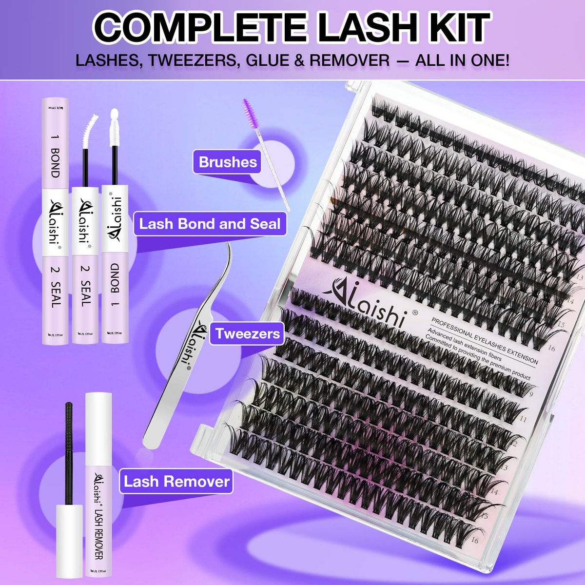 DIY Lash Clusters Kit 9-16mm 60D 80D 100D 224Pcs Fluffy D Curl Natural Cat Eye Lashes with Bond, Seal, Remover, Tweezers & Brush Avelisse