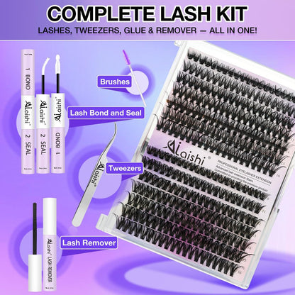 DIY Lash Clusters Kit 9-16mm 60D 80D 100D 224Pcs Fluffy D Curl Natural Cat Eye Lashes with Bond, Seal, Remover, Tweezers & Brush Avelisse
