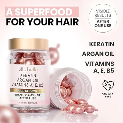 ELLA BELLA® Keratin Hair Serum with Argan Oil & Vitamins A, E, B5 – Anti-Frizz Night Repair Treatment for Smooth, Shiny Hair Avelisse