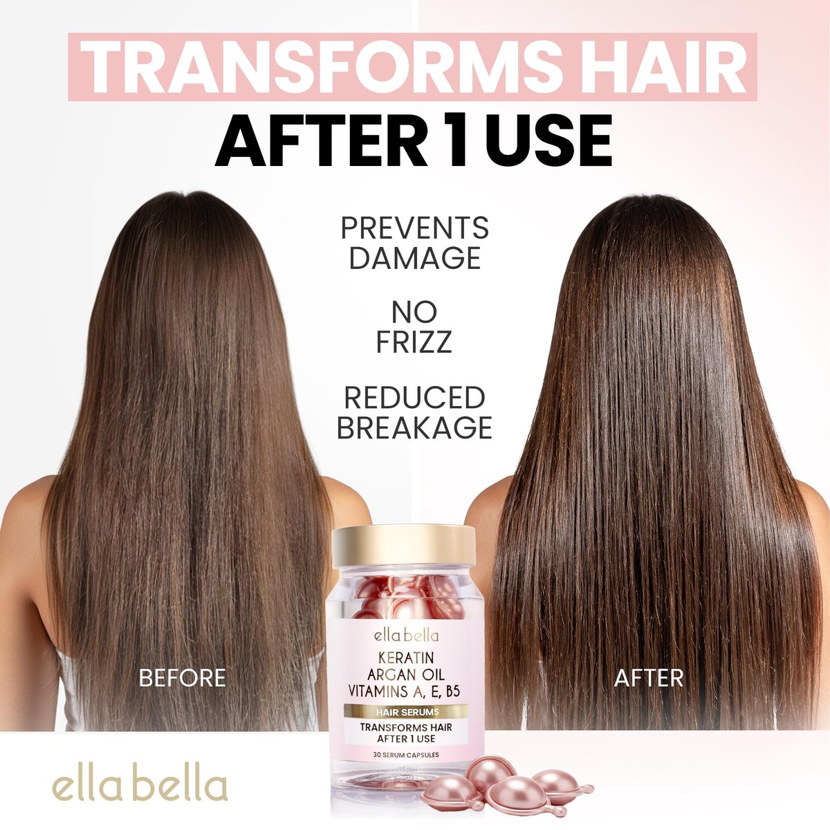 ELLA BELLA® Keratin Hair Serum with Argan Oil & Vitamins A, E, B5 – Anti-Frizz Night Repair Treatment for Smooth, Shiny Hair Avelisse