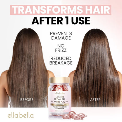 ELLA BELLA® Keratin Hair Serum with Argan Oil & Vitamins A, E, B5 – Anti-Frizz Night Repair Treatment for Smooth, Shiny Hair Avelisse