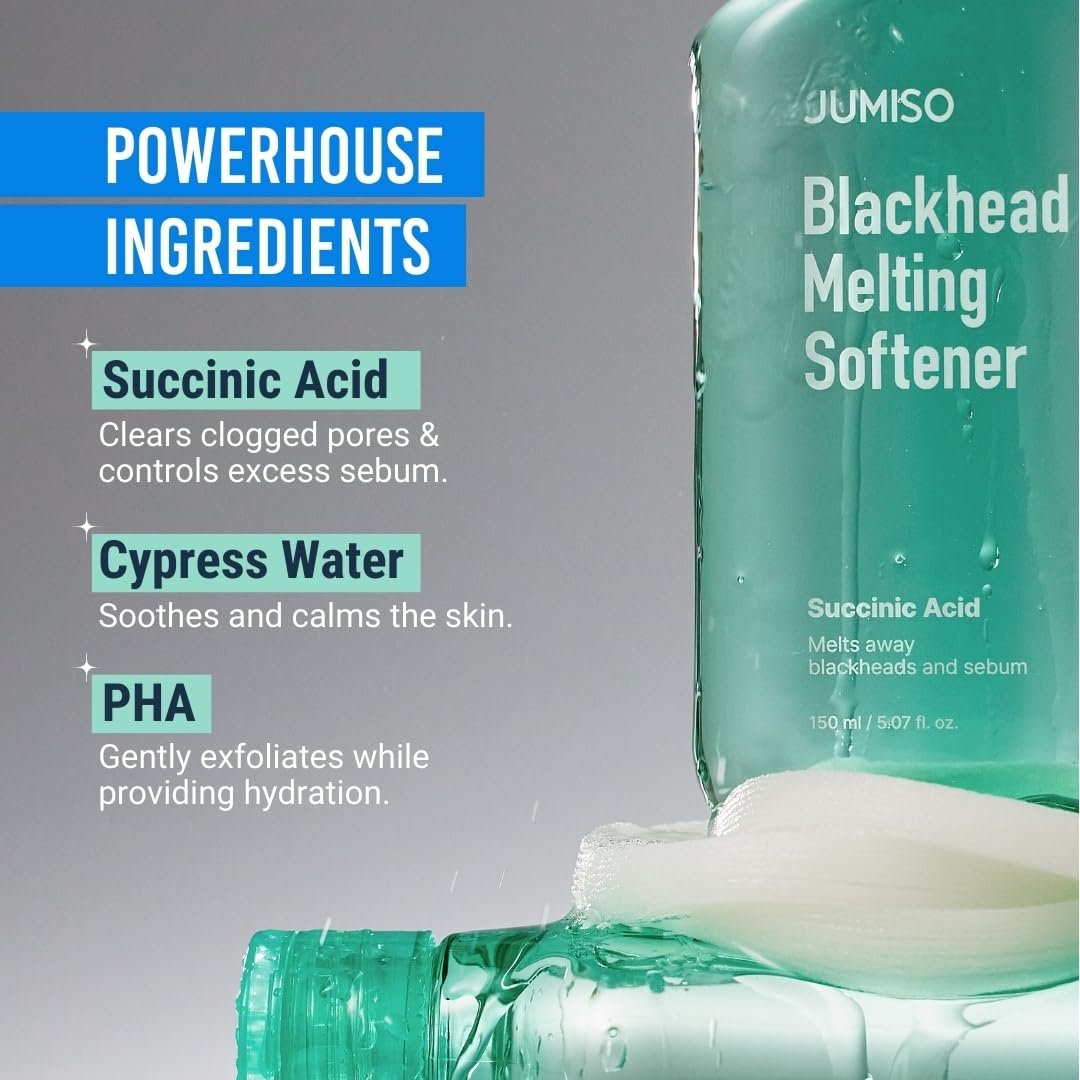 JUMISO Blackhead Melting Softener Kit – Succinic Acid + PHA Pore Solution, 150ml + 40 Pads + 10 Swabs, Dissolves Sebaceous Filaments & Strawberry Nose Avelisse