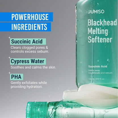 JUMISO Blackhead Melting Softener Kit – Succinic Acid + PHA Pore Solution, 150ml + 40 Pads + 10 Swabs, Dissolves Sebaceous Filaments & Strawberry Nose Avelisse
