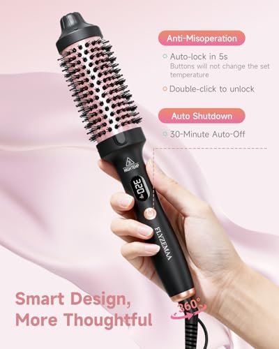 FLYZEMAA 1.5 Inch Thermal Brush - Heated Round Brush Straightener for Long Dry Hair, 3 Temp Settings, 30s Fast Heat, Anti-Scald Nylon Bristles (Black) Avelisse
