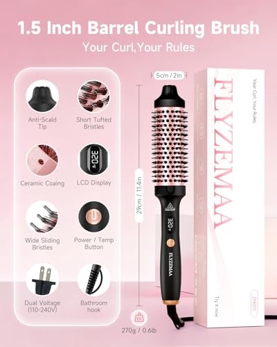 FLYZEMAA 1.5 Inch Thermal Brush - Heated Round Brush Straightener for Long Dry Hair, 3 Temp Settings, 30s Fast Heat, Anti-Scald Nylon Bristles (Black) Avelisse