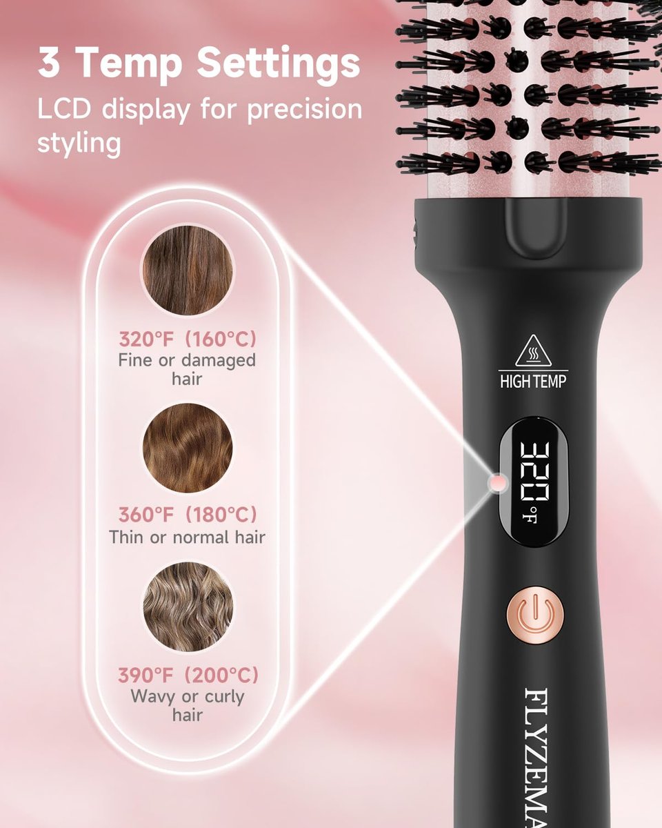 FLYZEMAA 1.5 Inch Thermal Brush - Heated Round Brush Straightener for Long Dry Hair, 3 Temp Settings, 30s Fast Heat, Anti-Scald Nylon Bristles (Black) Avelisse