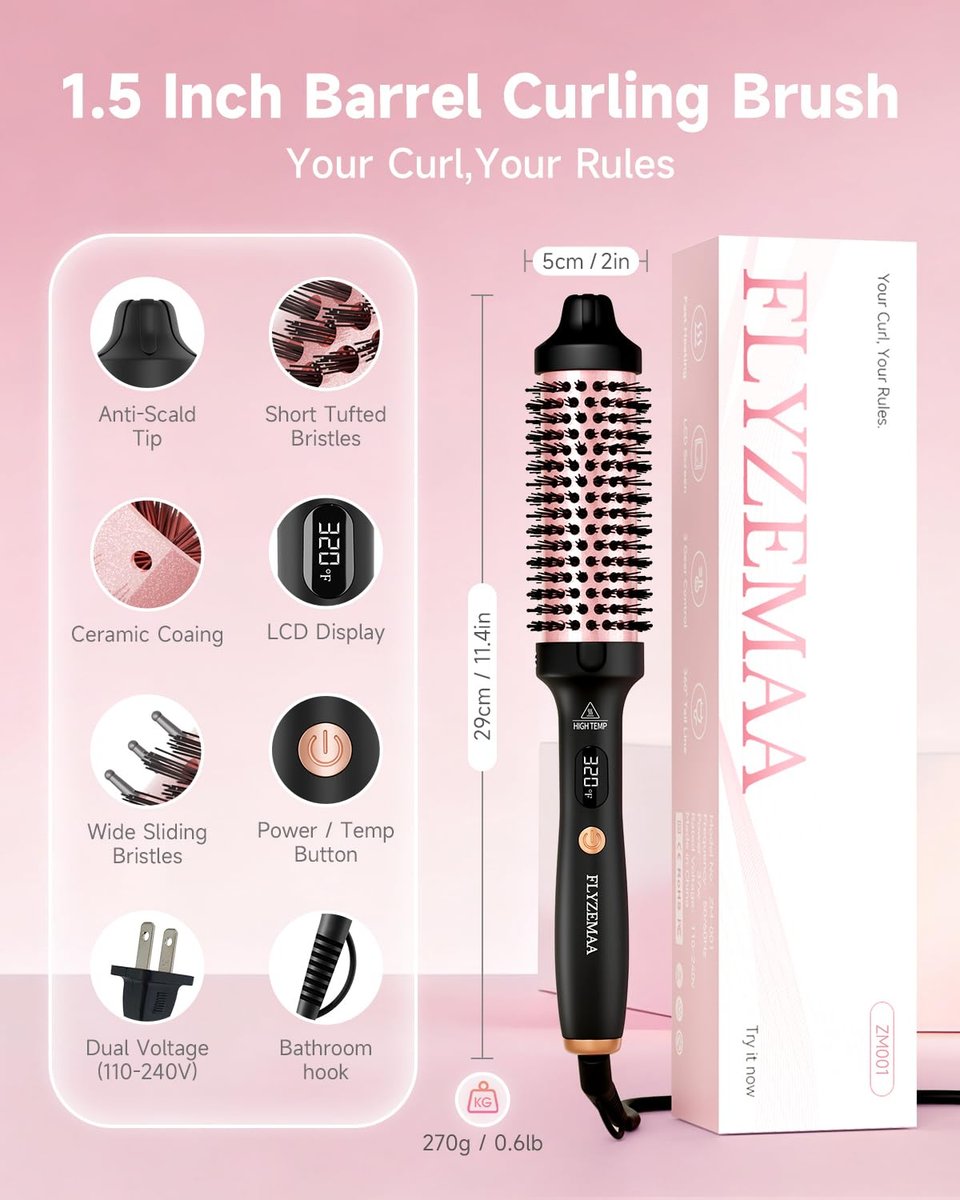 FLYZEMAA 1.5 Inch Thermal Brush - Heated Round Brush Straightener for Long Dry Hair, 3 Temp Settings, 30s Fast Heat, Anti-Scald Nylon Bristles (Black) Avelisse