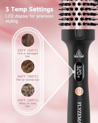 FLYZEMAA 1.5 Inch Thermal Brush - Heated Round Brush Straightener for Long Dry Hair, 3 Temp Settings, 30s Fast Heat, Anti-Scald Nylon Bristles (Black) Avelisse