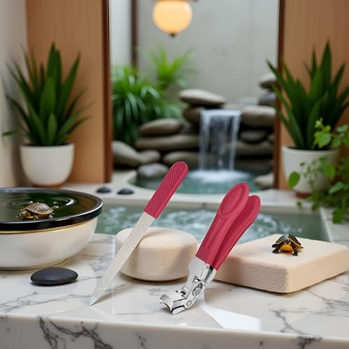 Professional Ruby Red Angled Nail Clippers for Seniors – 5'' Elegant Thick Toenail Clipper with Nail File, Ultra-Sharp Blades, Nail Catcher, Easy Grip & Safe Home Manicure & Pedicure Care Tool Avelisse
