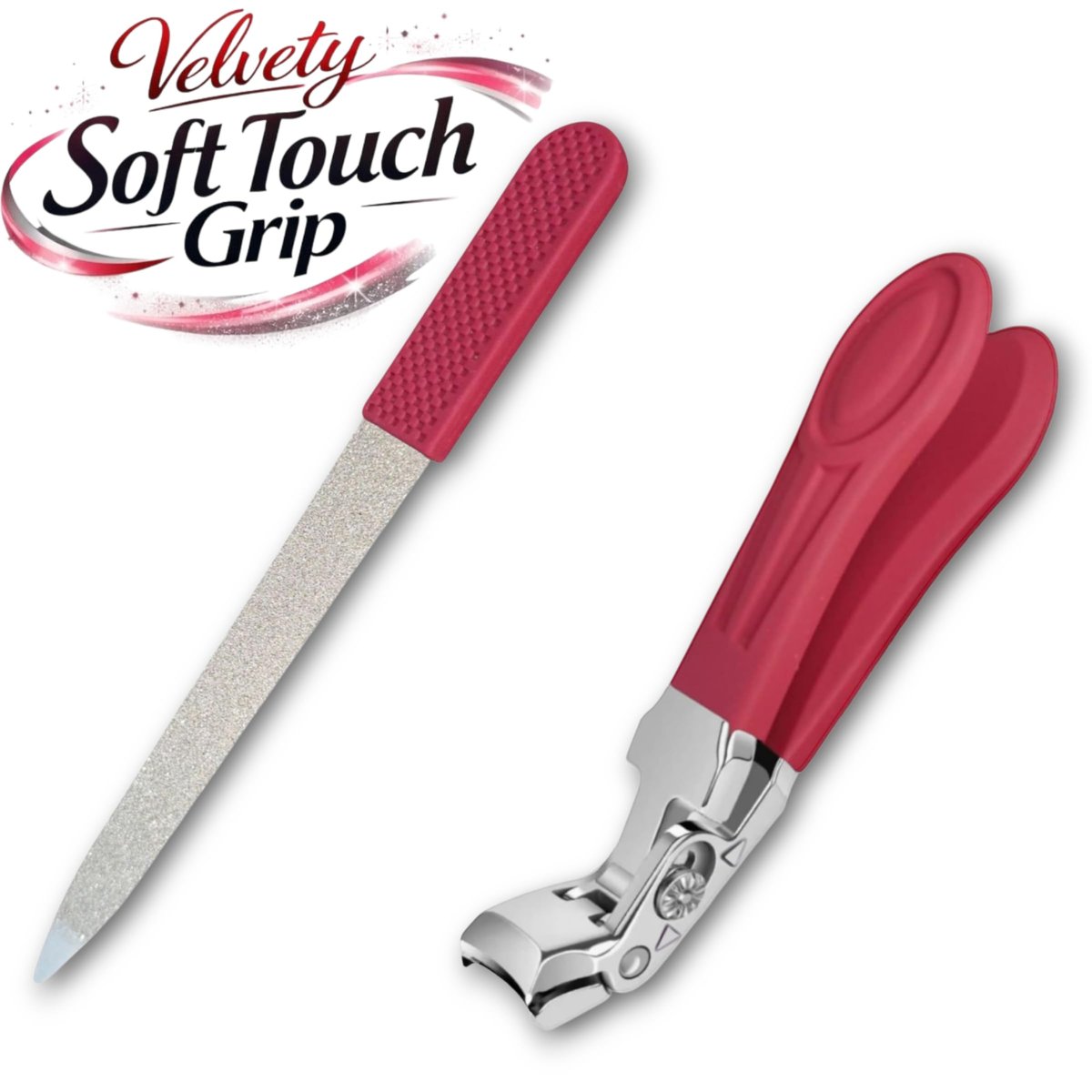 Professional Ruby Red Angled Nail Clippers for Seniors – 5'' Elegant Thick Toenail Clipper with Nail File, Ultra-Sharp Blades, Nail Catcher, Easy Grip & Safe Home Manicure & Pedicure Care Tool Avelisse