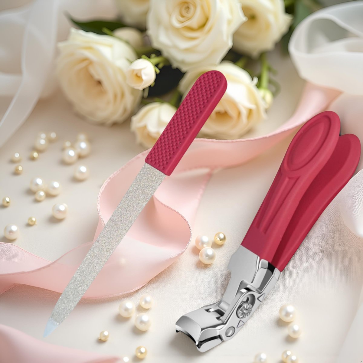 Professional Ruby Red Angled Nail Clippers for Seniors – 5'' Elegant Thick Toenail Clipper with Nail File, Ultra-Sharp Blades, Nail Catcher, Easy Grip & Safe Home Manicure & Pedicure Care Tool Avelisse