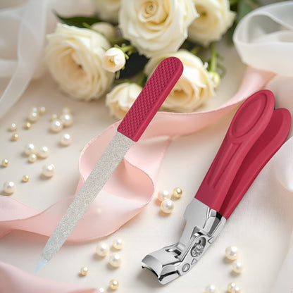Professional Ruby Red Angled Nail Clippers for Seniors – 5'' Elegant Thick Toenail Clipper with Nail File, Ultra-Sharp Blades, Nail Catcher, Easy Grip & Safe Home Manicure & Pedicure Care Tool Avelisse