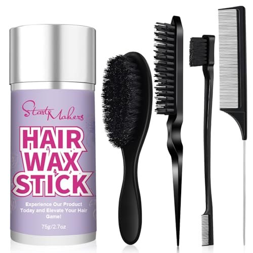 START MAKERS 5-Piece Hair Wax Stick and Brush Set for Women, Kids, Men - Edge Brush, Teasing Brush, Rat Tail Comb & Mini Boar Bristle Brushes for Flyaways, Control, Sleek Ponytail Buns - görsel 1