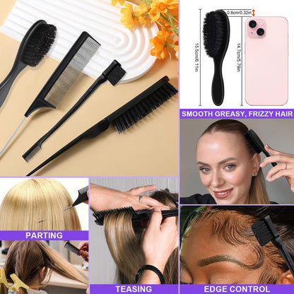 START MAKERS 5-Piece Hair Wax Stick and Brush Set for Women, Kids, Men - Edge Brush, Teasing Brush, Rat Tail Comb & Mini Boar Bristle Brushes for Flyaways, Control, Sleek Ponytail Buns