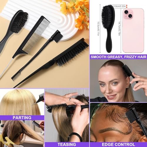 START MAKERS 5-Piece Hair Wax Stick and Brush Set for Women, Kids, Men - Edge Brush, Teasing Brush, Rat Tail Comb & Mini Boar Bristle Brushes for Flyaways, Control, Sleek Ponytail Buns - görsel 7