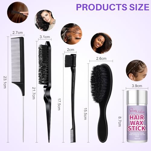 START MAKERS 5-Piece Hair Wax Stick and Brush Set for Women, Kids, Men - Edge Brush, Teasing Brush, Rat Tail Comb & Mini Boar Bristle Brushes for Flyaways, Control, Sleek Ponytail Buns - görsel 13