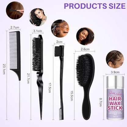 START MAKERS 5-Piece Hair Wax Stick and Brush Set for Women, Kids, Men - Edge Brush, Teasing Brush, Rat Tail Comb & Mini Boar Bristle Brushes for Flyaways, Control, Sleek Ponytail Buns