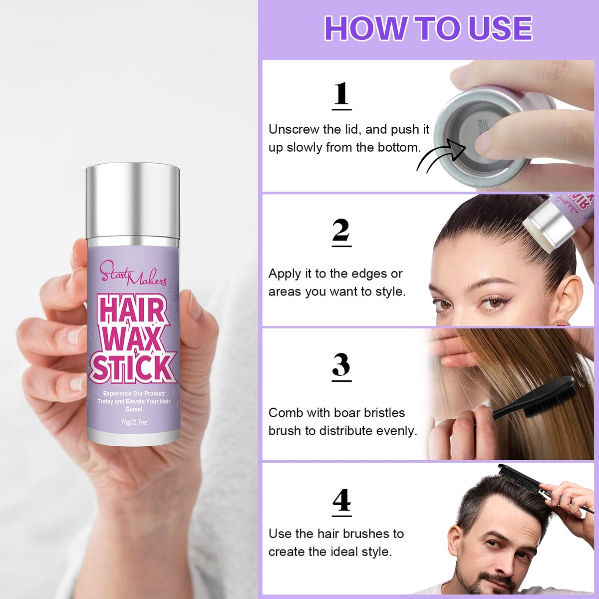 START MAKERS 5-Piece Hair Wax Stick and Brush Set for Women, Kids, Men - Edge Brush, Teasing Brush, Rat Tail Comb & Mini Boar Bristle Brushes for Flyaways, Control, Sleek Ponytail Buns - görsel 10