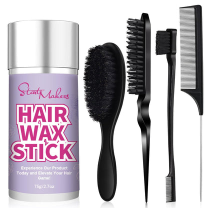 START MAKERS 5-Piece Hair Wax Stick and Brush Set for Women, Kids, Men - Edge Brush, Teasing Brush, Rat Tail Comb & Mini Boar Bristle Brushes for Flyaways, Control, Sleek Ponytail Buns