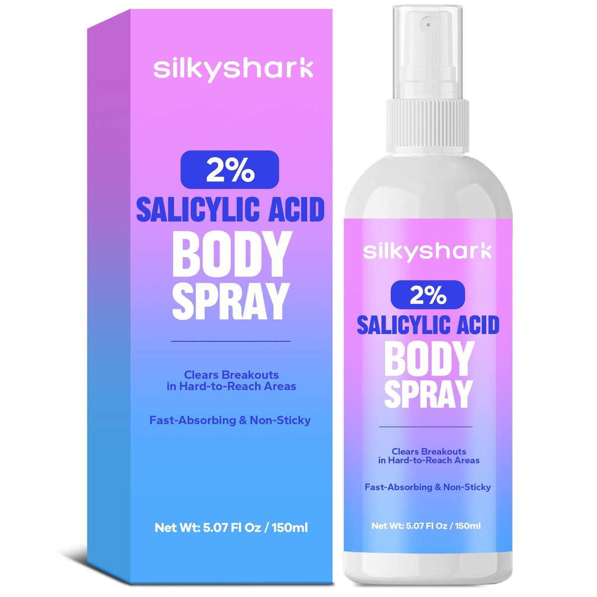 SilkyShark 2% Salicylic Acid Body Spray - Back Acne Treatment Spray for Chest, Shoulders & Face (5.07 Fl Oz), Body Acne Spray for Blackheads & Breakouts, 360° Continuous Mist, Fast-Absorbing Formula - görsel 1