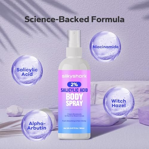 SilkyShark 2% Salicylic Acid Body Spray - Back Acne Treatment Spray for Chest, Shoulders & Face (5.07 Fl Oz), Body Acne Spray for Blackheads & Breakouts, 360° Continuous Mist, Fast-Absorbing Formula - görsel 6