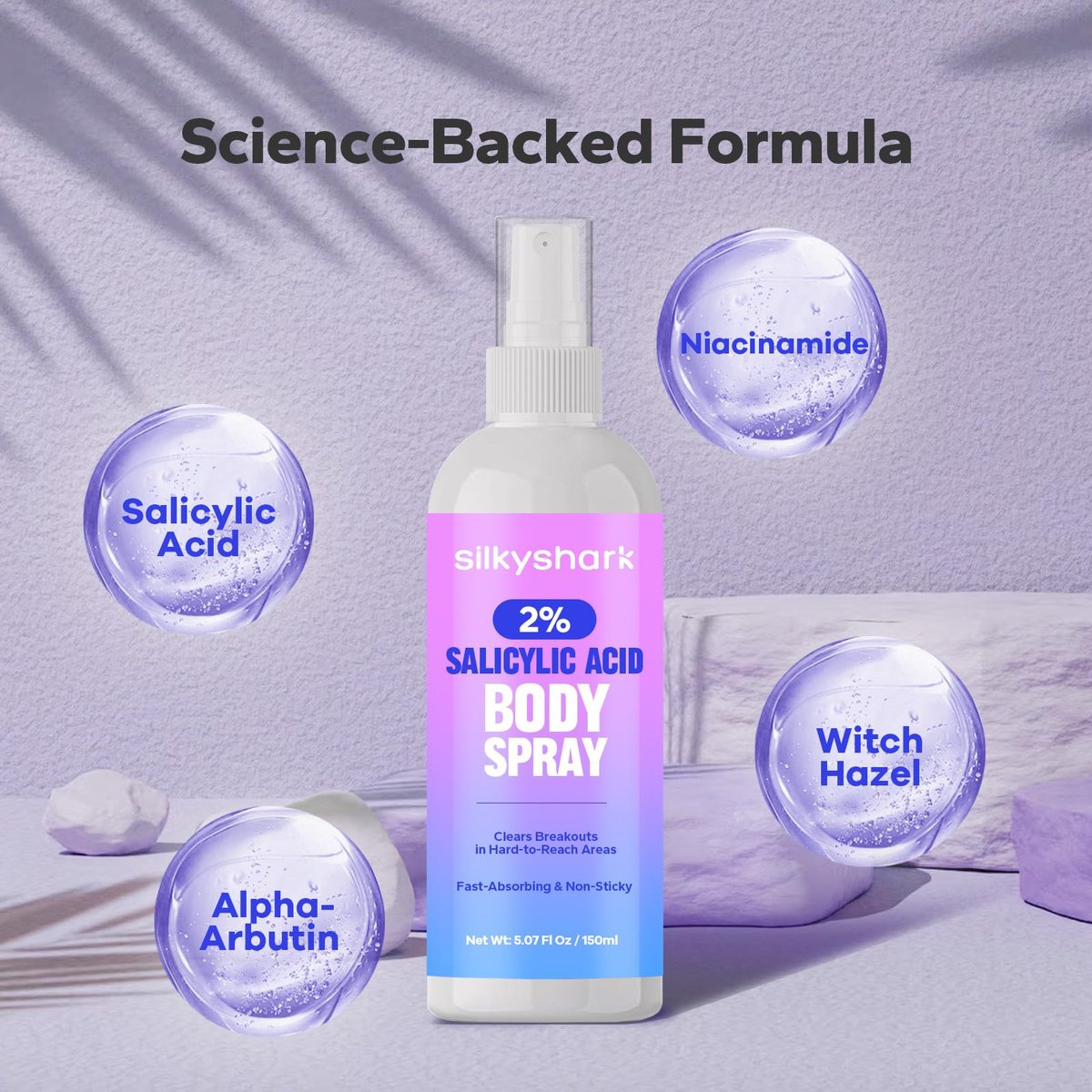 SilkyShark 2% Salicylic Acid Body Spray - Back Acne Treatment Spray for Chest, Shoulders & Face (5.07 Fl Oz), Body Acne Spray for Blackheads & Breakouts, 360° Continuous Mist, Fast-Absorbing Formula - görsel 5