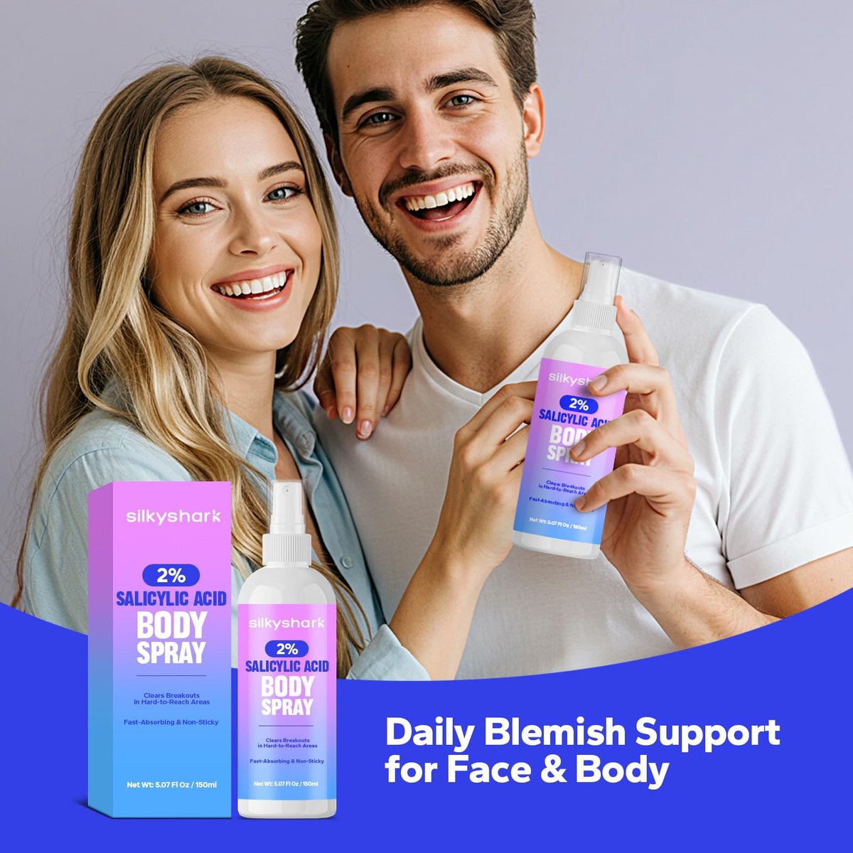 SilkyShark 2% Salicylic Acid Body Spray - Back Acne Treatment Spray for Chest, Shoulders & Face (5.07 Fl Oz), Body Acne Spray for Blackheads & Breakouts, 360° Continuous Mist, Fast-Absorbing Formula - görsel 13