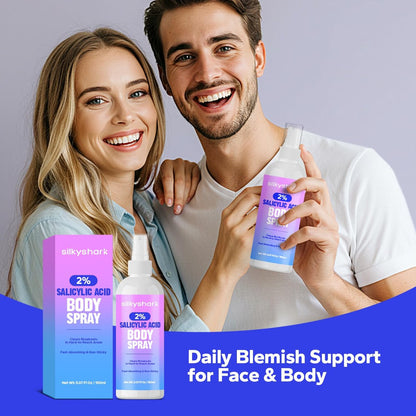 SilkyShark 2% Salicylic Acid Body Spray - Back Acne Treatment Spray for Chest, Shoulders & Face (5.07 Fl Oz), Body Acne Spray for Blackheads & Breakouts, 360° Continuous Mist, Fast-Absorbing Formula