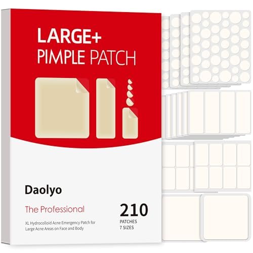 Daolyo Large Pimple Patches for Face, 7 Sizes 210 Counts XL Acne Patches, Big Hydrocolloid Bandages for Body, Chin, Forehead, Chest, Back Zit Breakouts (Strip, Square, Round) Avelisse