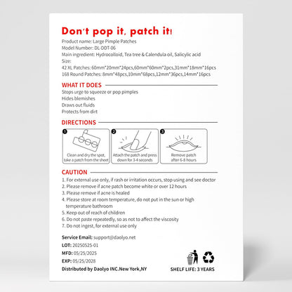 Daolyo Large Pimple Patches for Face, 7 Sizes 210 Counts XL Acne Patches, Big Hydrocolloid Bandages for Body, Chin, Forehead, Chest, Back Zit Breakouts (Strip, Square, Round) Avelisse