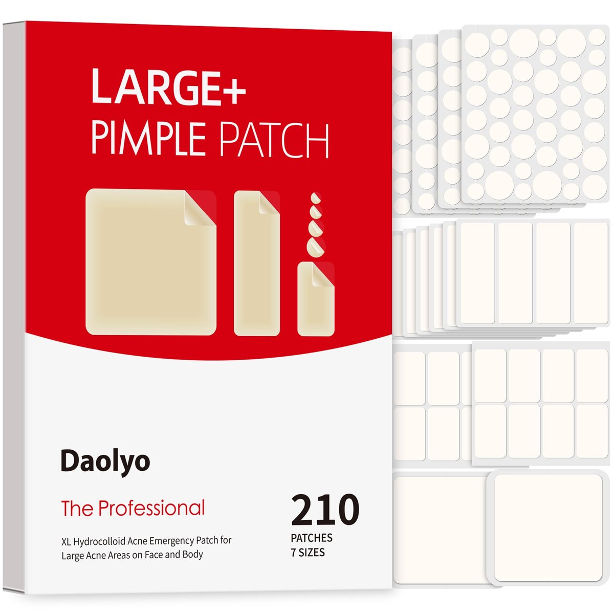 Daolyo Large Pimple Patches for Face, 7 Sizes 210 Counts XL Acne Patches, Big Hydrocolloid Bandages for Body, Chin, Forehead, Chest, Back Zit Breakouts (Strip, Square, Round) Avelisse