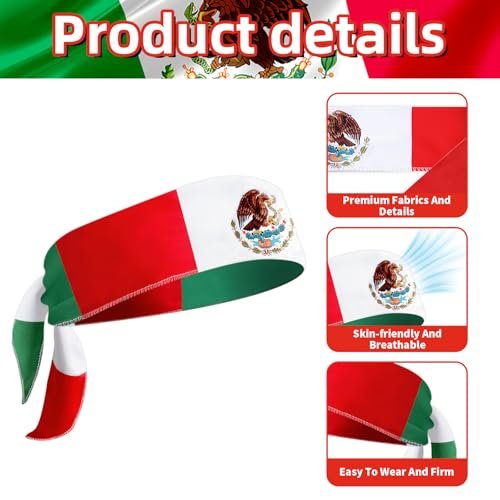 Mexican Flag Headband for Men Women, Patriotic Tricolor Head Wrap Bandana with National Emblem – Cinco de Mayo, Sports Events, Parades - görsel 6