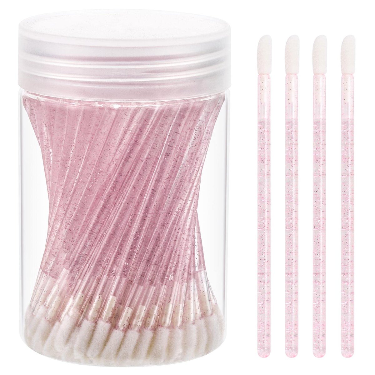 Tbestmax 100 Pcs Disposable Lip Brush with Container, Crystal Pink Lip Applicators Lipstick Lip Gloss Wands - görsel 1