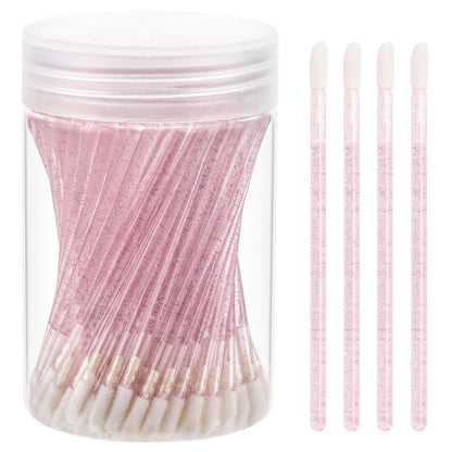 Tbestmax 100 Pcs Disposable Lip Brush with Container, Crystal Pink Lip Applicators Lipstick Lip Gloss Wands