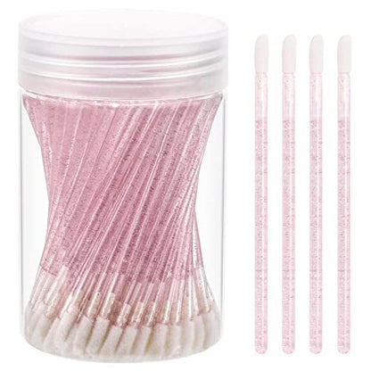 Tbestmax 100 Pcs Disposable Lip Brush with Container, Crystal Pink Lip Applicators Lipstick Lip Gloss Wands