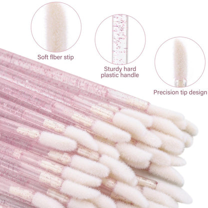 Tbestmax 100 Pcs Disposable Lip Brush with Container, Crystal Pink Lip Applicators Lipstick Lip Gloss Wands