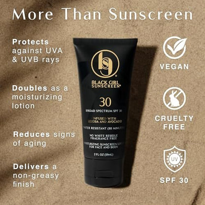 Black Girl Sunscreen SPF 30 for Face & Body – Moisturizing Sun Lotion, Ultra Sheer, No White Cast for Melanin-Rich Skin, Travel Size, 3 fl oz (2-Pack) Avelisse
