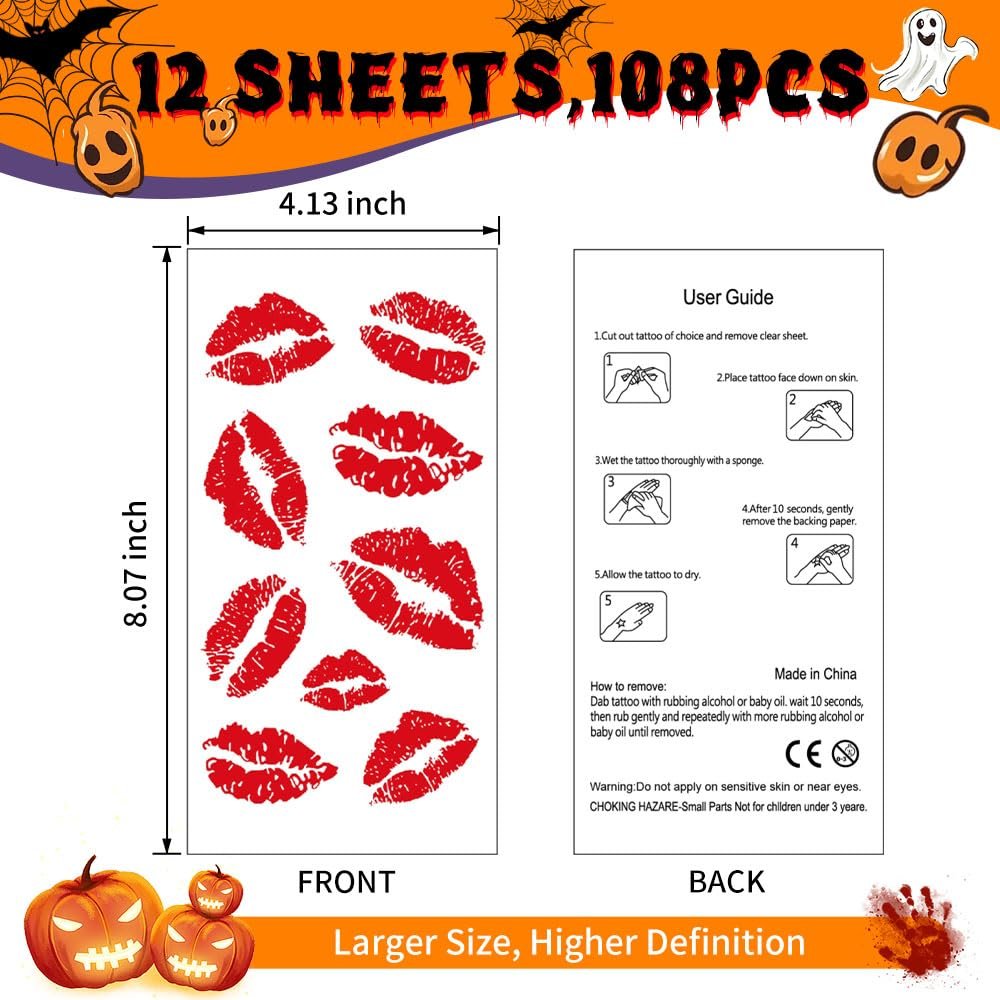 12 Sheets Kiss Tattoos Temporary Stickers - 108 Pcs Red Kiss Lip Print Waterproof Fake Tattoo for Women Girls Kids Face Body Halloween Valentine Gifts, Vampire Makeup, Party Favors - görsel 3