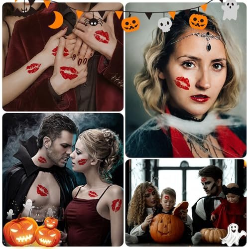 12 Sheets Kiss Tattoos Temporary Stickers - 108 Pcs Red Kiss Lip Print Waterproof Fake Tattoo for Women Girls Kids Face Body Halloween Valentine Gifts, Vampire Makeup, Party Favors - görsel 8