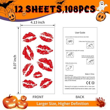 12 Sheets Kiss Tattoos Temporary Stickers - 108 Pcs Red Kiss Lip Print Waterproof Fake Tattoo for Women Girls Kids Face Body Halloween Valentine Gifts, Vampire Makeup, Party Favors