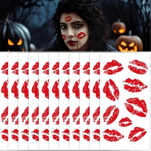 12 Sheets Kiss Tattoos Temporary Stickers - 108 Pcs Red Kiss Lip Print Waterproof Fake Tattoo for Women Girls Kids Face Body Halloween Valentine Gifts, Vampire Makeup, Party Favors - görsel 2